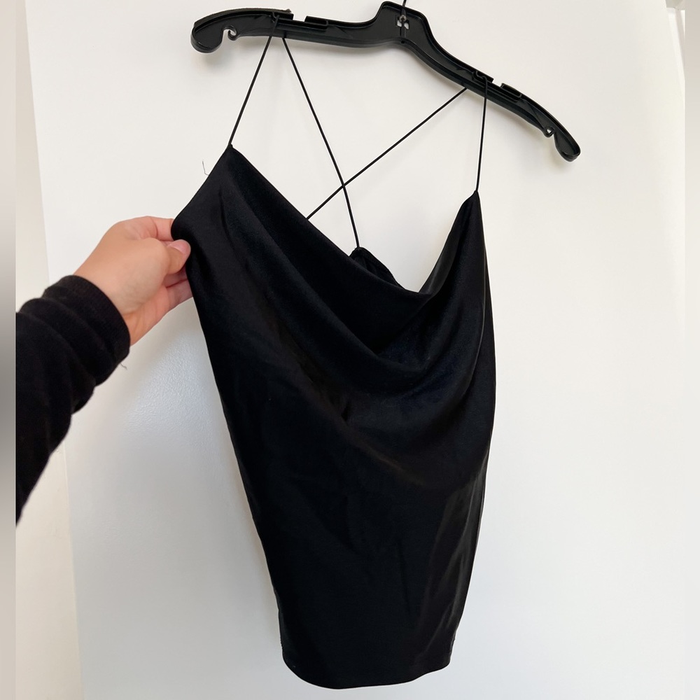 UNWORN. Lulus cowl neck black satin tank cross straps Large